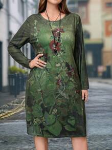 EMERY ROSE Plus Size Women Green Printed Long Sleeve Dress, Vacation Wear
