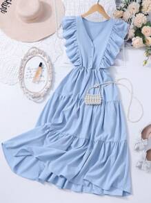 优雅少女天蓝色中长连衣裙，春夏 - 藍色 - 查看 4