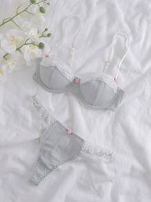 Elorette 对比色蕾丝钢圈文胸和内裤内衣套装，可爱 - 淺灰色 - 查看 3