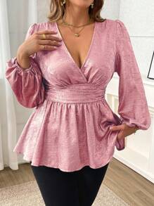 Celure 大码闪光 V 领扭纹长袖休闲衬衫 - 淺粉色 - 查看 4