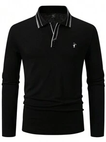 Manfinity Homme Men's Contrast Trim Long Sleeve Casual Polo Shirt, For Golf - Black - View 5