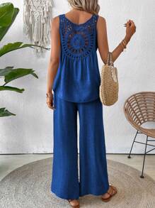 Breezaya 2pcs Women Sleeveless Solid Color Top And Pants Set - Royal Blue - View 2