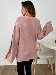 EURMUSE 休闲 V 领之字形口袋下摆细节纯色纽扣开衫 - 粉色 - 查看 2