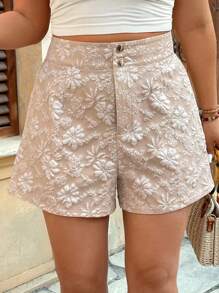 Enliva Shorts casuales y elegantes con botones de tela texturizada para mujer de talla grande - Albaricoque - Ver 4