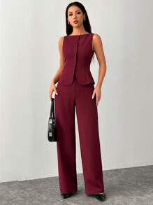 SHEIN PETITE Women's Solid Color Round Neck Single-Breasted Vest And Pants Elegant Commuter Suit, Summer Fall Women Clothes Women Set Office Wear Business Casual Women Two Pieces Outfits Fall Women Office Wear Women Set Women Blazers Set