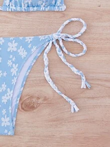Swim Mod 2pcs Springbreak Multi-Color Macrame Halter Textured Fabric Bikini Set For Summer Beach Vacation - Blue and White - View 6