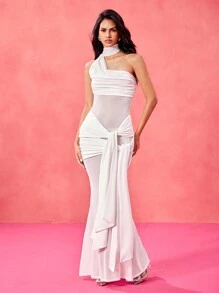 Taranthola Thiết kế mùa xuân và mùa hè váy yếm xếp nếp bất đối xứng trong suốt lưới trắng cho lễ hội, đám cưới, váy dạ hội - trắng - Xem 5