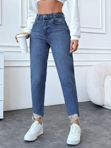 SHEIN Cottnline 100%Cotton Ladies' Distressed Frayed Hem Denim Jeans - Light Wash - View 4