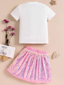 SHEIN 2pcs/Set Girls Casual Cute Funny Cartoon Smiling Face Embroidered Round Neck Short Sleeve Top And Sequined Mini Skirt, Suitable For Outdoor Activities, Party, Birthday Photo Shoot, Spring/Summer