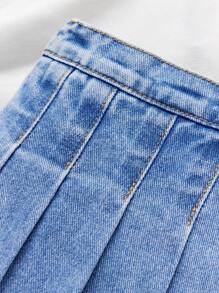 SHEIN Baby Girl's Spring Summer Boho Cute Pleated Skirt, Ruffle Trim Wrap Elastic Waist Comfortable Soft Denim Skorts Jeans Shorts - Medium Wash - View 3