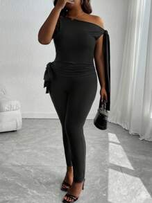 INAWLY Plus Size Women Solid Color Asymmetrical Collar Fitted Top And Legging 2 Pieces Set, Casual - Black - View 1