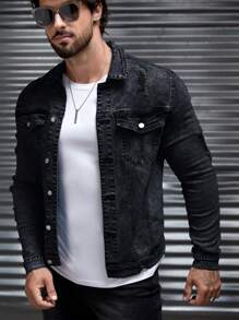 Manfinity VCAY 男士前扣长袖口袋简约休闲牛仔夹克