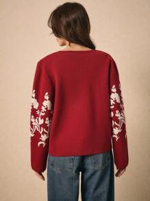 Poéselle Women's Floral Print Red Cardigan, Sweater Fall Winter Women Sweaters Fall Long Sleeve Cardigan Vintage Disc Button Cardigan Autumn 2024 AW
