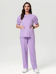 Scrubzie 抗皱短袖泡泡袖圆领多口袋上衣和裤子女士/护理服套装