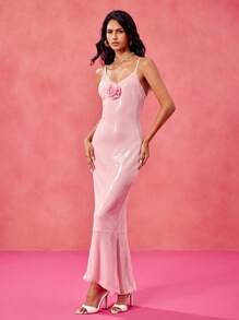 Becci Designer Women's Pink Sequin 3D Flower Bodycon Mermaid Maxi Dress Festival, Pastel, Prom Dress