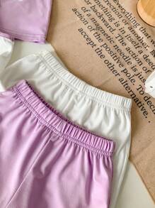 4 件套女婴幼儿 0-3 岁休闲百搭双色撞色白紫色针织吊带背心和短裤套装 - 紫色 - 查看 5