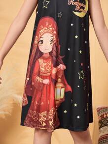 Tween Girl Casual Doll & Sky Theme Print Lantern Dress - Black - View 5