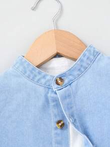 Young Boy Stand Collar Short Sleeve Denim Shirt, Fashionable Summer Casual,Holiday,Travel