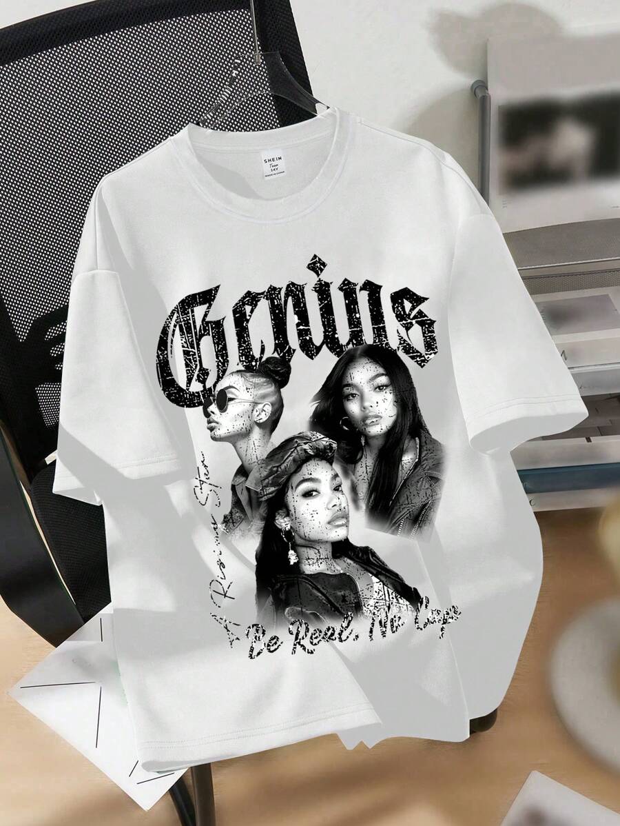 SHEIN EZwear 超大休闲简约肖像图案圆领短袖宽松T恤女款，适合夏季 - 白色 - 查看 1