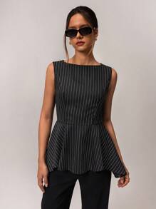 Forever 21 Women Casual Everyday Commute Sleeveless Ruffle Hem Striped Blouse, Spring