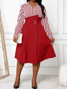 SHEIN Lady Autumn And Winter Casual Black Woven Flared Belted Shirt Dress Midi Long Sleeve Plus Size Dresses Business Casual Women Halloween Dress Valentine's Day Valentines Clothes Valentine's Day Dress Valentines Dress Festival Outfits For Women Valentine's Day Outfit Women
