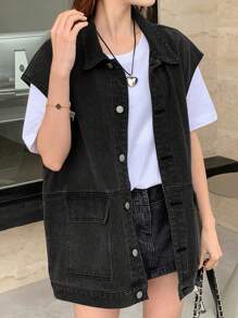 DAZY 女士休闲牛仔水洗宽肩带背心外套，春夏款，黑色 - 黑色 - 查看 5