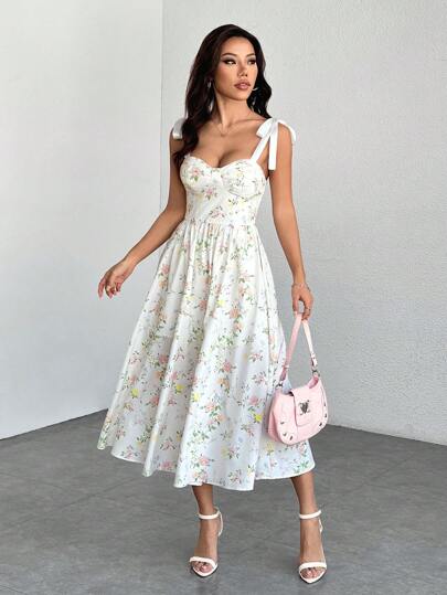 SHEIN PETITE Vestido largo de verano para mujer con estampado floral romántico, con tirantes y lazo a la cintura, estilo Bridgerton