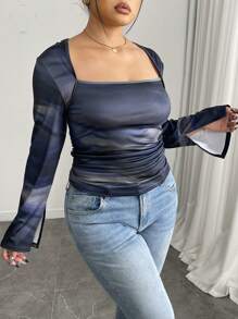 Flirla Elegant Print Ruched Cuff Slit Sleeve Slim Fit Long Sleeve T-Shirt - Black - View 5