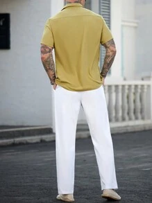 Manfinity Homme Men's Solid Color Button Front Short Sleeve Shirt And Pocket White Pants 2 Pieces Set - Multicolor - View 5