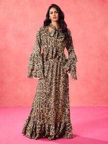 Taranthola Designer Animals Leopard Printed Sheer Chiffon Ruffle Low Waist Long Skirt Cheetah Skirt, Spring & Summer, Festival - Brown - View 5