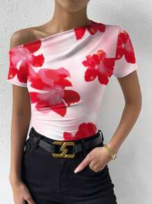Chiquease 浪漫大花卉印花不对称褶皱短袖 T 恤