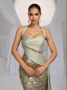 Glamrae Abito elegante, lussuoso e romantico, verde, con grandi paillettes, rifiniture in raso, vestibilità aderente, spacco sul retro, svasato sui lati, adatto per eventi di matrimonio, addio al nubilato, cene di gala, abito da cerimonia, abito da sera, abito da sera elegante - Verde - Visualizzare 7