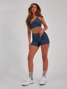 Musera Sport 交叉前腰带无缝运动短裤，适用于板式网球、网球、匹克球、健身房、普拉提、日常休闲等运动。 - 藏蓝色 - 查看 4