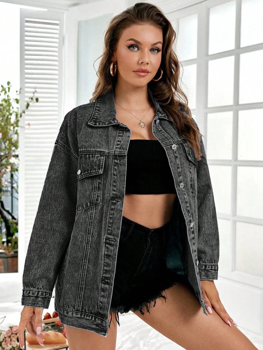SHEIN Essnce Denim Jacket, Casual And Fashionable For Daily Wear - Black - View 1