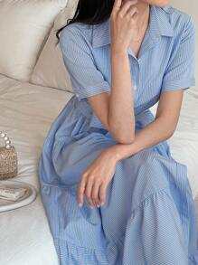 DAZY 条纹衬衫式连衣裙，收腰设计，优雅显瘦 - 藍色 - 查看 5