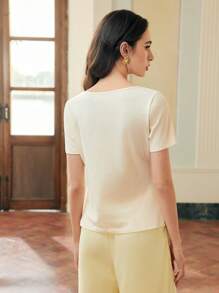 ZEYLAH WOMEN'S 3D FLOWER FOLD PLEATED T-SHIRT, SPRING SUMMER - Apricot - View 7