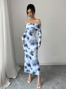 Elenzga Floral Print Off Shoulder Bodycon Dress - Blue - View 4