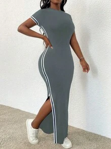 SHEIN LUNE Women's Slim Fit Round-Neck Color Block Trim Split Dress For Spring And Summer Maxi Women Outfit