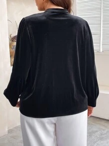 SHEIN Unity Damen Große Größen Elegante Mode Samt Stehkragen Perlknopf Dekor Wassertropfen Ausschnitt Gerüschte Puffärmel Bluse - Schwarz - Übersicht 2
