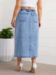 Firerie Plus Size Front Button Pocket Slit Minimal Casual Denim Mini Skirt - Light Wash - View 2