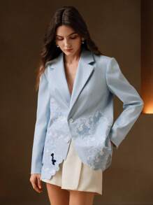 Anewsta Elegant Blue And White Striped Embroidery Slim Fit Women's Blazer - Blue and White - View 7