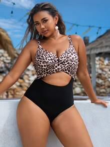 Slaydiva Plus Size Women's 1-Piece Sexy Underwire Casual Holiday 3D Leopard Print Crisscross Strap Swimsuit For Summer Beach Vacation