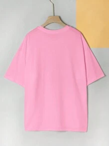 INAWLY Áo thun tay ngắn họa tiết hoạt hình thường ngày Giáng sinh dành cho nữ - Hồng - Xem 2