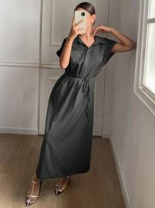 Livesso Einfarbiges, locker sitzendes, kurzärmliges, taillenumspieltes Hemdkleid im Maxilänge Stil für lässige Sommeroutfits, Strandmode für Frauen - Grau - Übersicht 7