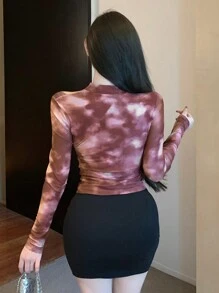 DAZY Tie-Dye All Over Print Halter Neck Self-Tie Cuff Long Sleeve Women Top,Fall Women Clothes - Red Violet - View 5