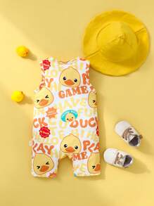 SHEIN Set de 2 piezas de pelele sin mangas con estampado de pato lindo y gorro amarillo para bebés niños, de tela de punto suave y cómoda, apta para uso diario, actividades al aire libre, ocio y vacaciones