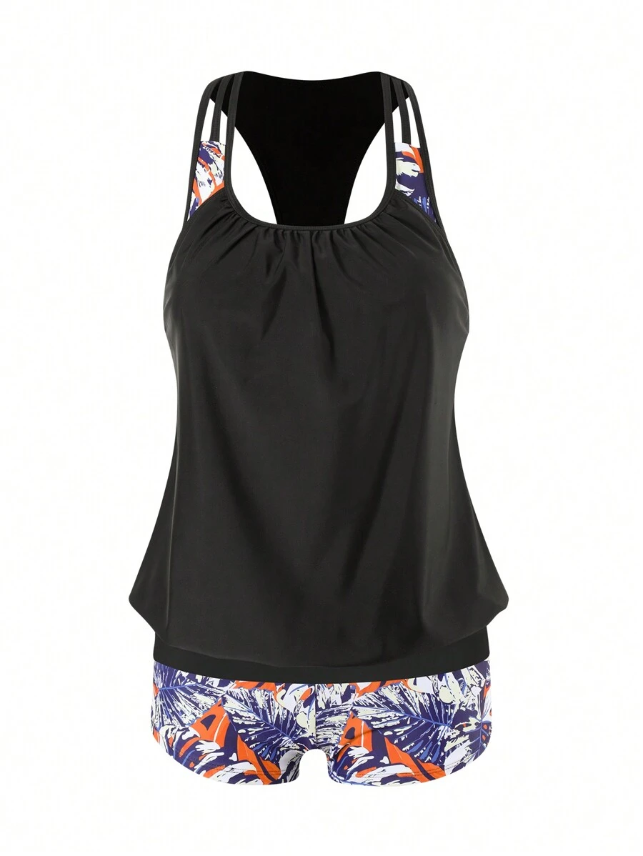 Swim Lushoire Summer 2pcs/Set Women Plant Print Random Color Conservative Tummy Control Brief Tankini With Tankini Swimwear