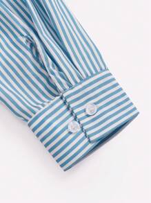 SHEIN Essnce 女士前扣长袖条纹休闲衬衫，日常穿着