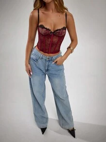 SHEIN BAE 女士约会之夜、女生聚会、生日派对、鸡尾酒会、情人节、夜总会装扮、节日派对性感深红色撞色蕾丝蝴蝶结装饰透视网眼细肩带吊带背心、情人节上衣、派对女士、深红色上衣、情人节内衣、日常通勤衬衫、可爱衬衫、性感夜总会上衣、新年女士装、束身衣上衣、露肩上衣、外出上衣、春季上衣、夏季上衣、可爱上衣、春季女士装 - 酒紅色 - 查看 7