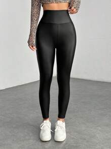 SHEIN PETITE PU Leather Solid Color Casual Pants, Simple And Fashionable For Daily Wear